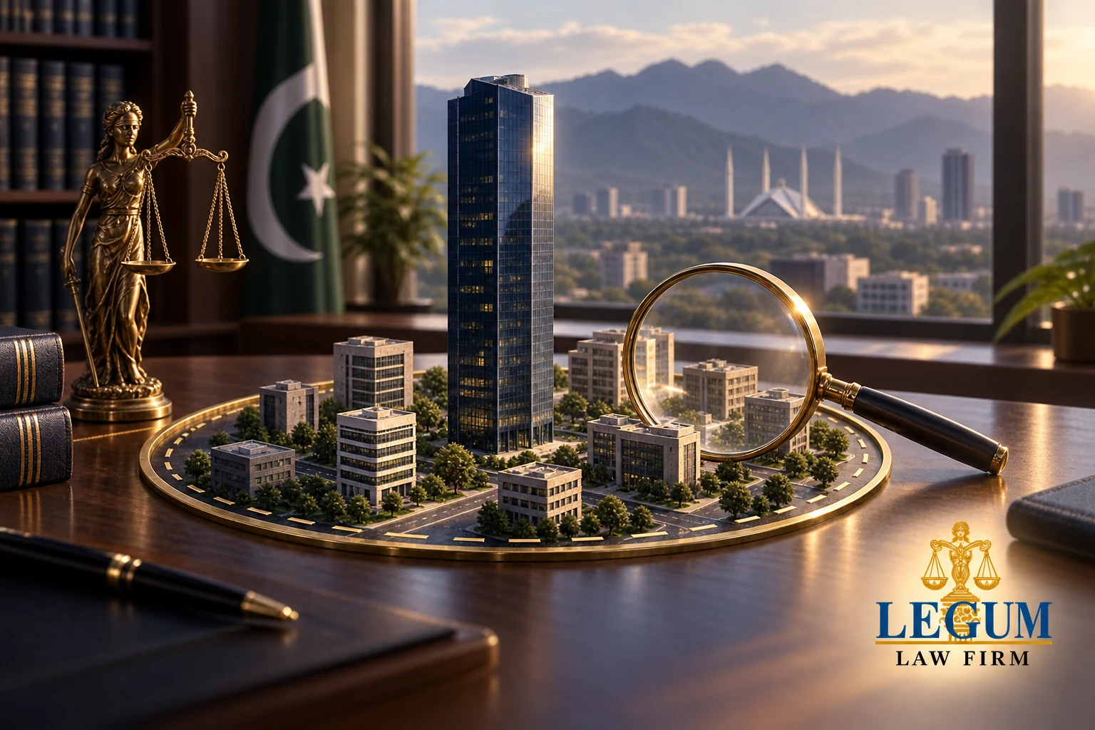 برج تجاري مرتفع بين منشآت أصغر داخل سوق محددة، يخضع للفحص بعدسة مكبرة وميزان العدالة.