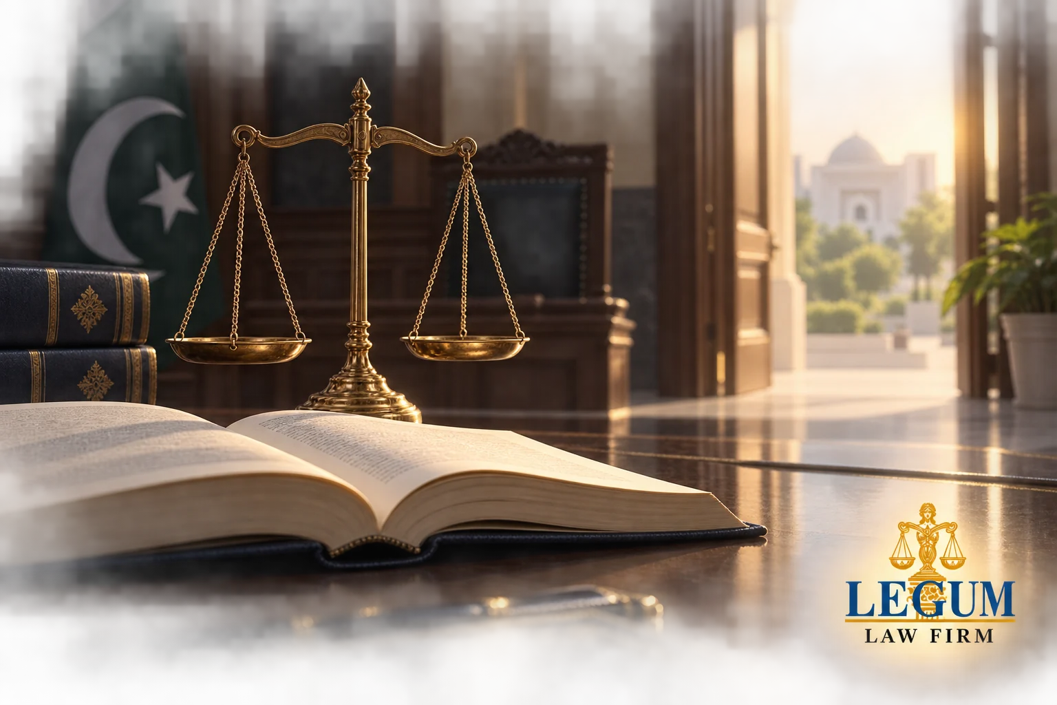 ميزان العدالة بجوار كتاب قانون مفتوح في قاعة محكمة باكستانية.