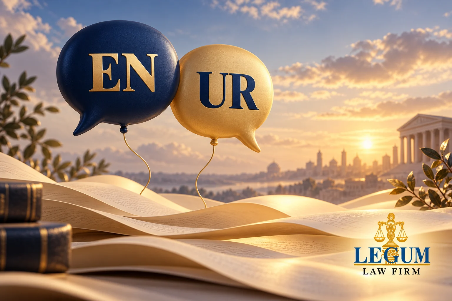 بالونان أزرق وذهبي على شكل فقاعتي كلام، يحملان EN وUR، يطفوان فوق كتب مفتوحة.