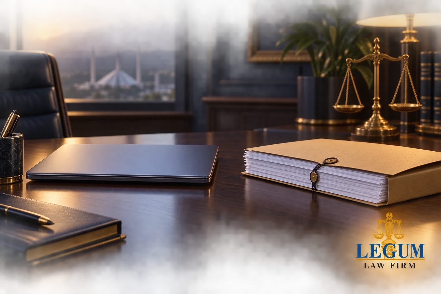 حاسوب محمول مغلق بجوار ملف ورقي على مكتب قانوني.