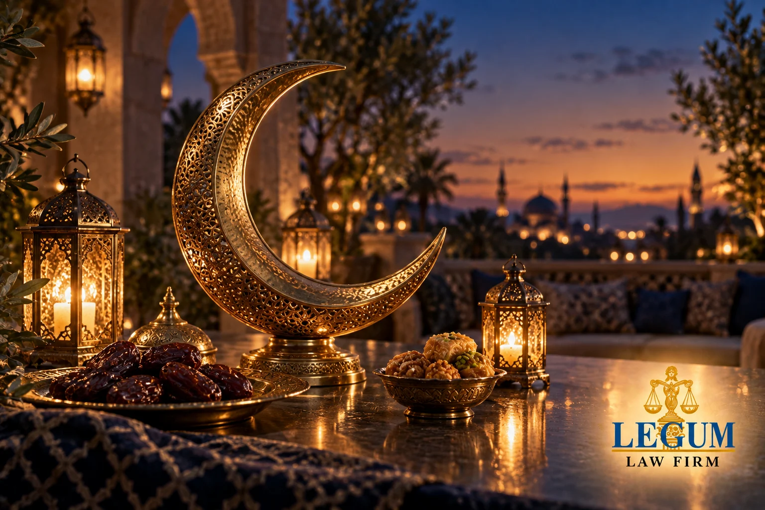 هلال نحاسي وفوانيس وتمور وحلويات العيد عند الغسق مع شعار ليكم مكتب محاماة