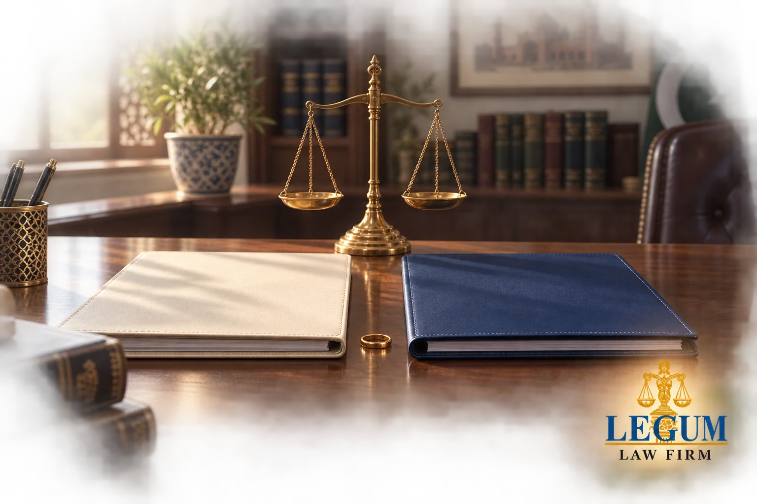 ملفان قانونيان وخاتم زواج بجوار ميزان العدالة في مكتب لقانون الأسرة.