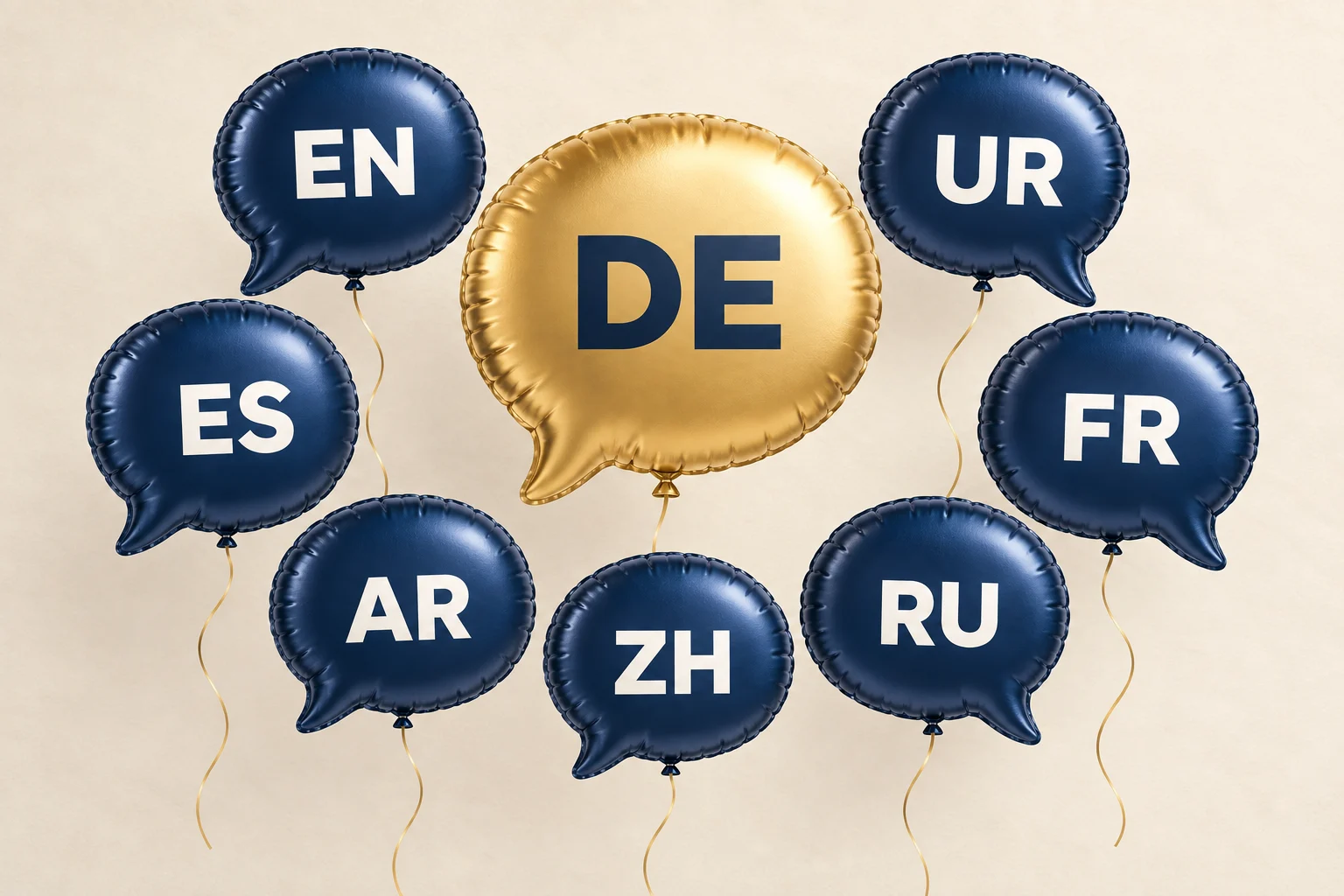 بالون ذهبي على هيئة فقاعة حوار يحمل DE للألمانية، مع بالونات كحلية تحمل EN وUR وES وFR وAR وZH وRU.