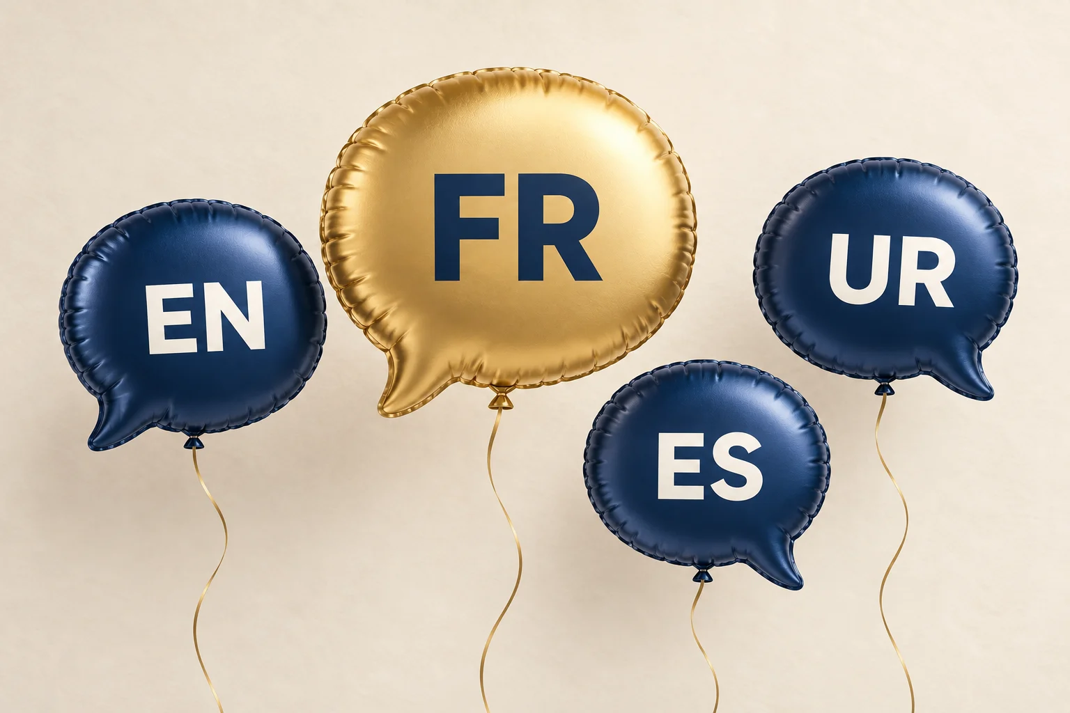بالون ذهبي على هيئة فقاعة حوار يحمل FR للفرنسية، مع بالونات كحلية تحمل EN وUR وES للغات المتاحة سابقًا.