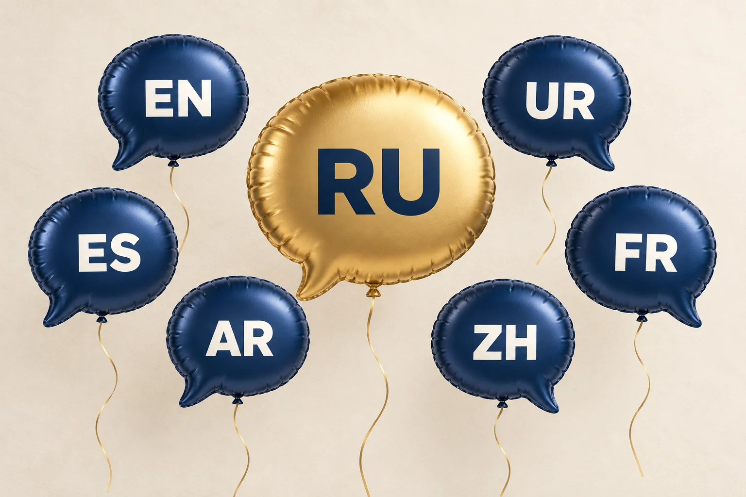 بالون ذهبي على هيئة فقاعة حوار يحمل RU للروسية، مع بالونات كحلية تحمل EN وUR وES وFR وAR وZH.
