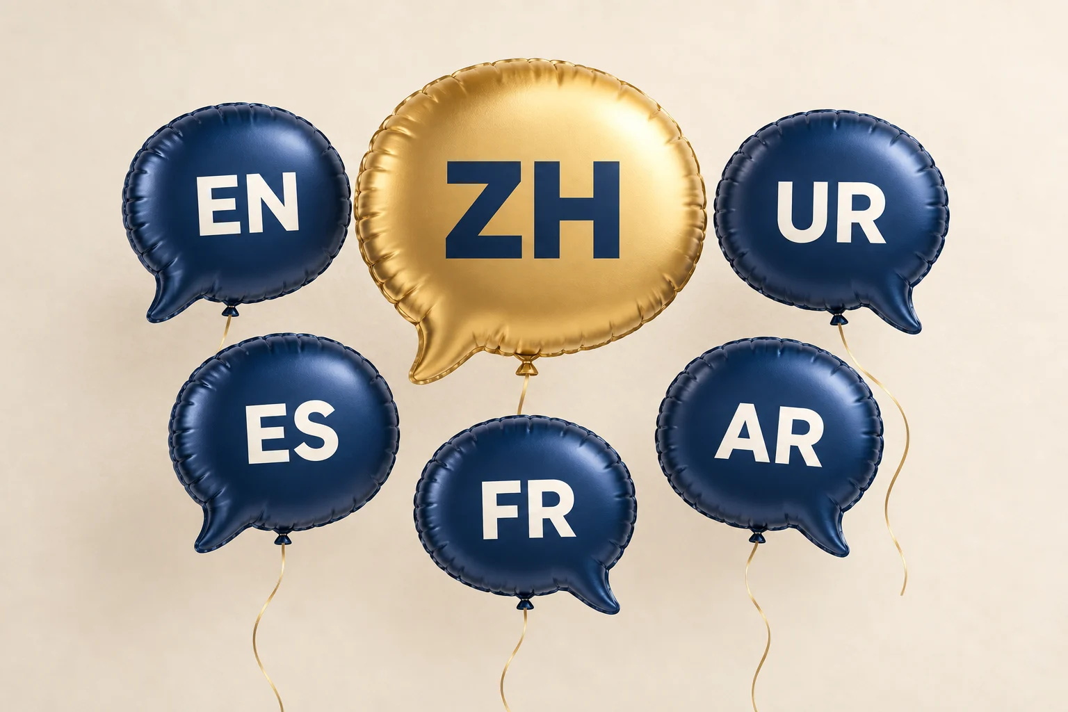 بالون ذهبي على هيئة فقاعة حوار يحمل ZH للصينية المبسطة، مع بالونات كحلية تحمل EN وUR وES وFR وAR.