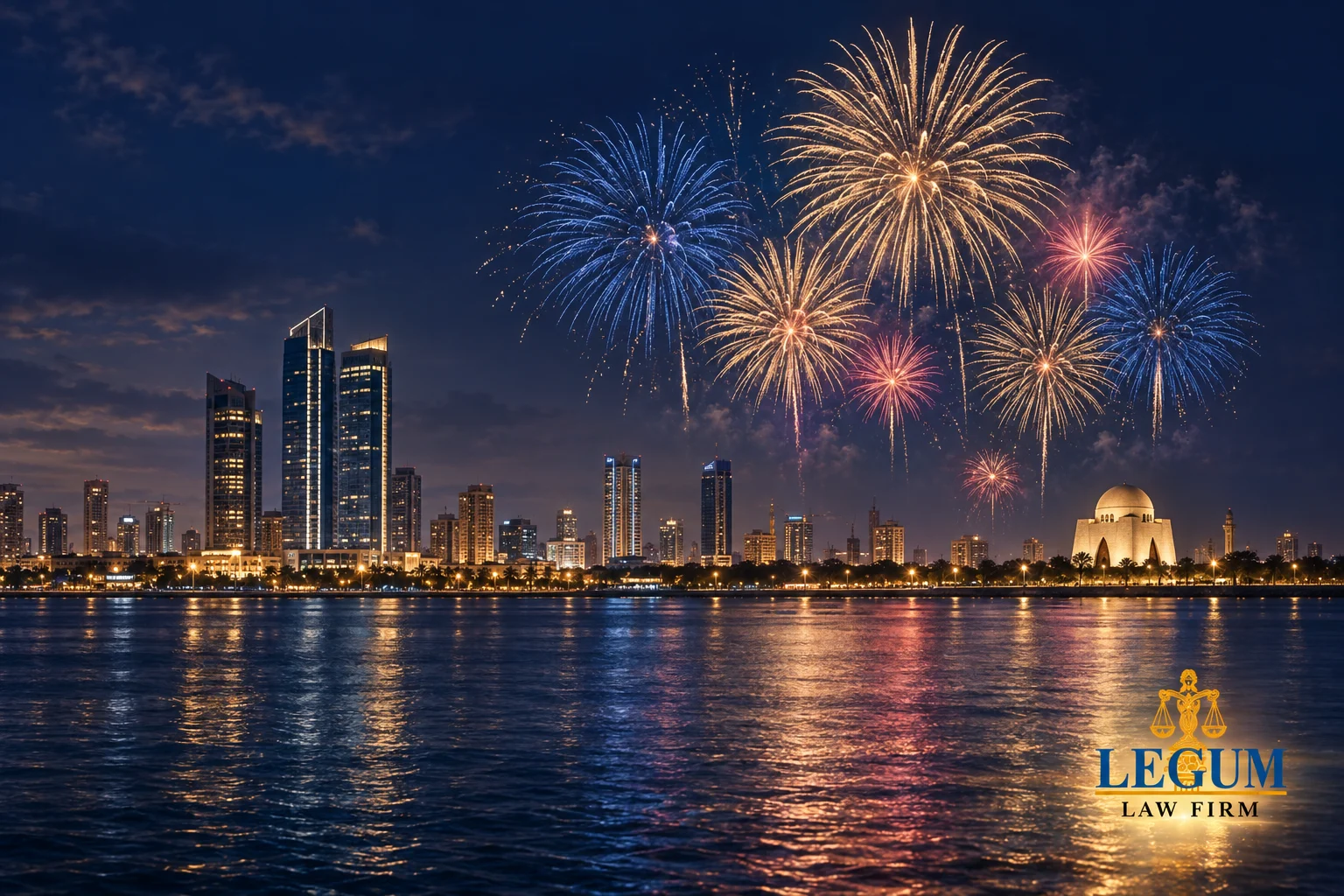 ألعاب نارية فوق الواجهة البحرية لكراتشي ليلاً مع شعار ليكم مكتب محاماة