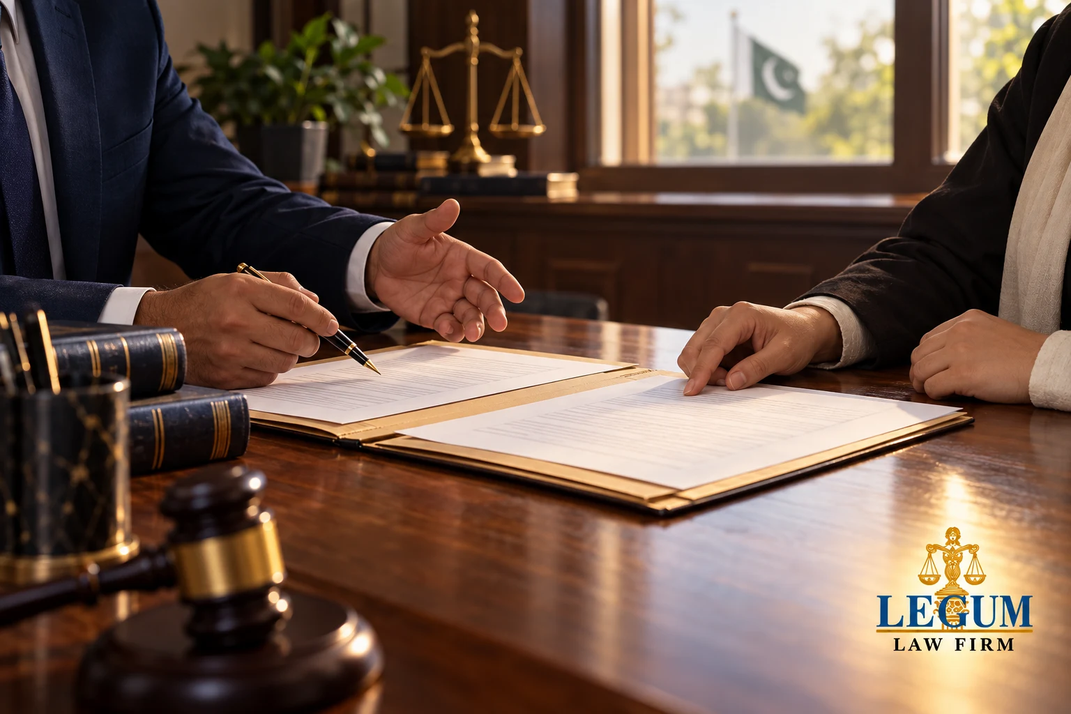 شخصان بالغان يراجعان مستندات دعوى مدنية على مكتب؛ يظهر شعار ليكم مكتب محاماة أسفل اليمين.