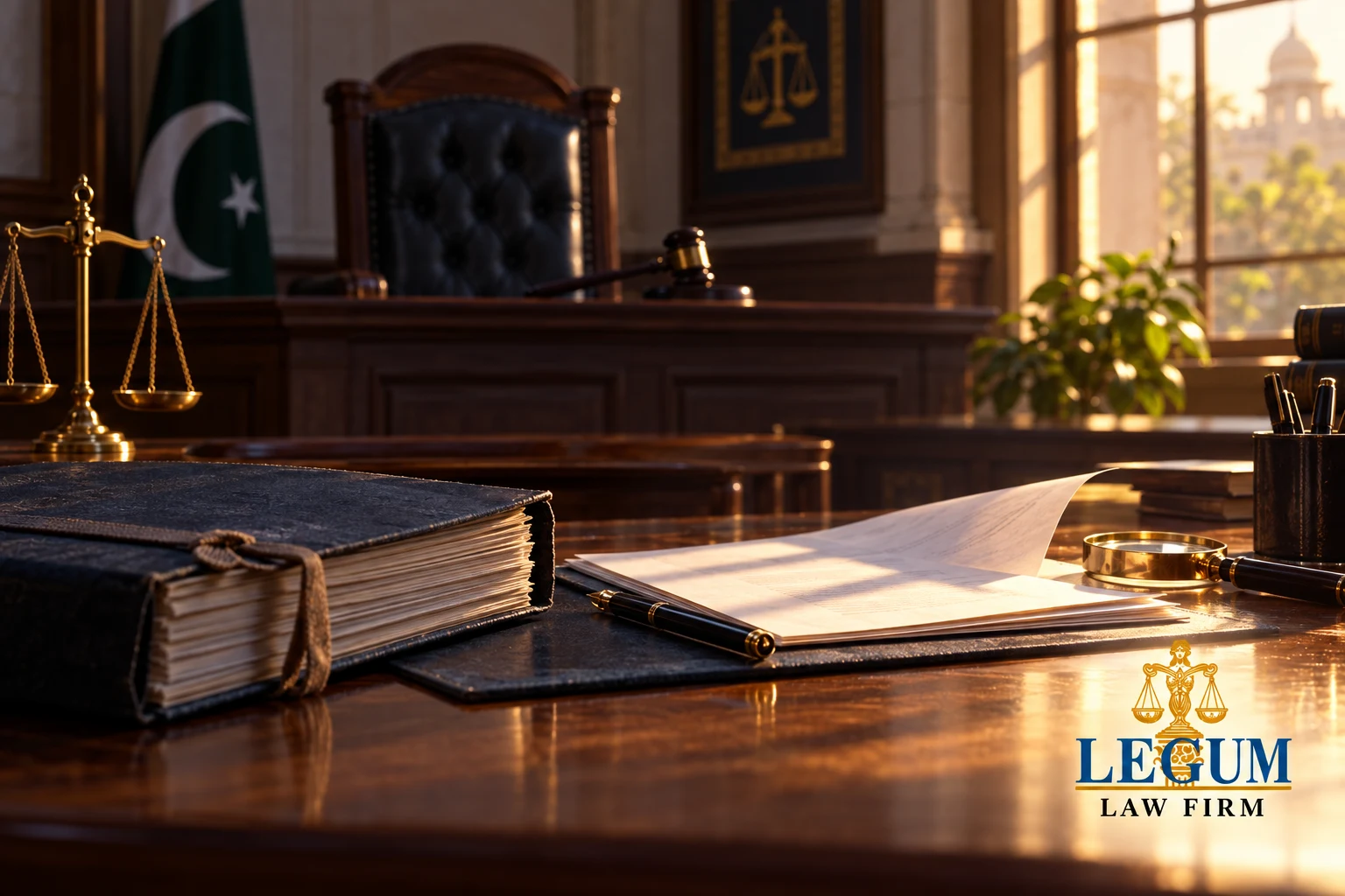 ملف دعوى ومستندات قيد المراجعة في قاعة محكمة باكستانية؛ يظهر شعار ليكم مكتب محاماة أسفل اليمين.