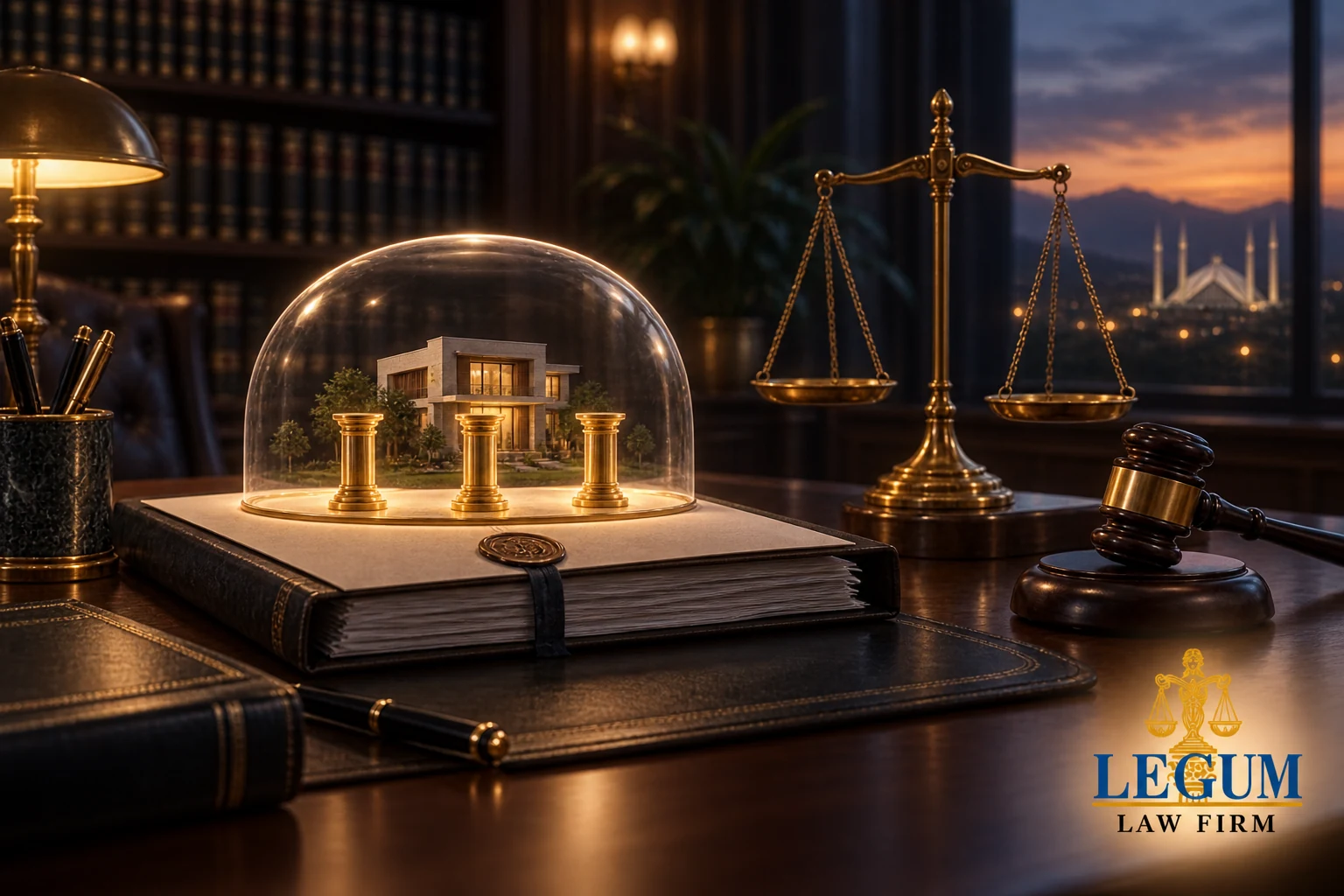 عقار محمي وثلاثة أعمدة ذهبية ترمز إلى الشروط التراكمية لأمر المنع المؤقت بموجب الأمر XXXIX.
