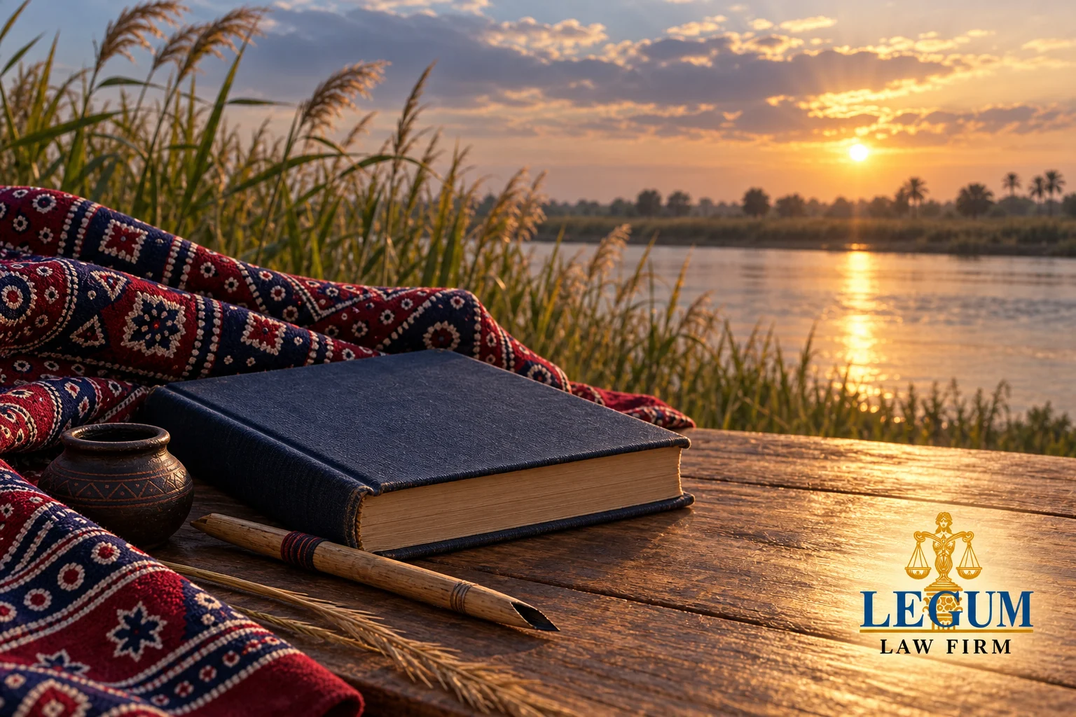 كتاب مغلق وقلم من القصب وقماش أجرَك بجوار نهر في ضوء ذهبي.