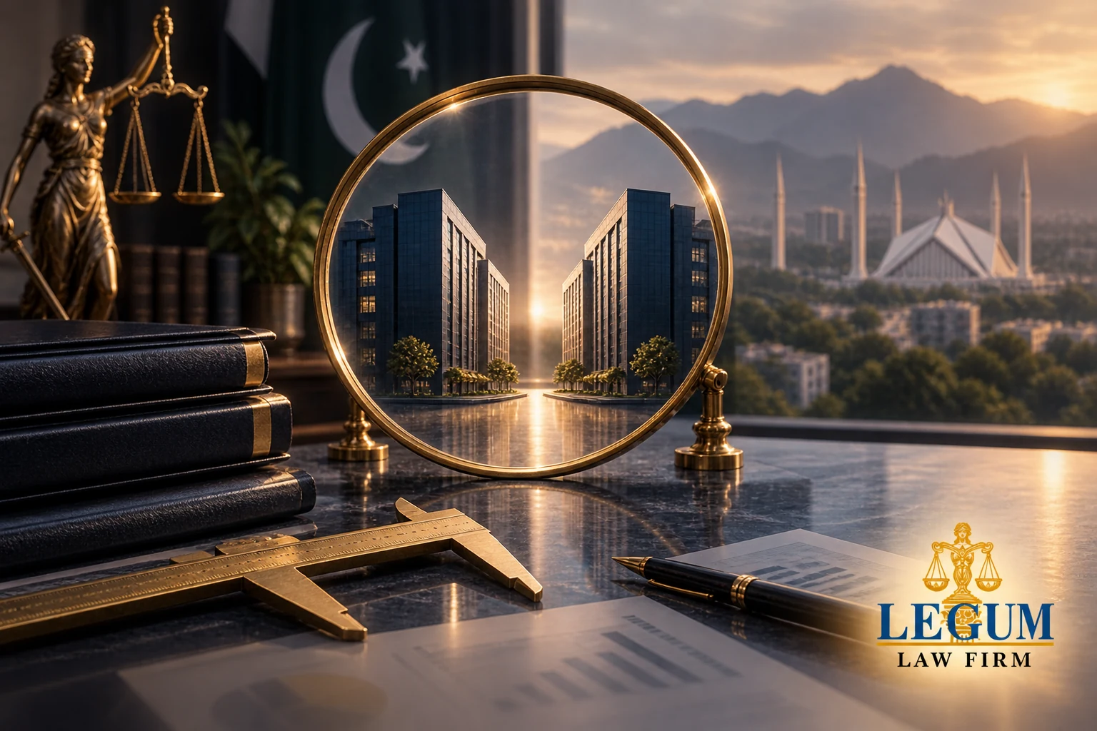 مبنيان تجاريان متقابلان تمهيداً لاندماج محتمل، يخضعان للفحص بعدسة تنظيمية وبجوار أداة قياس وميزان.