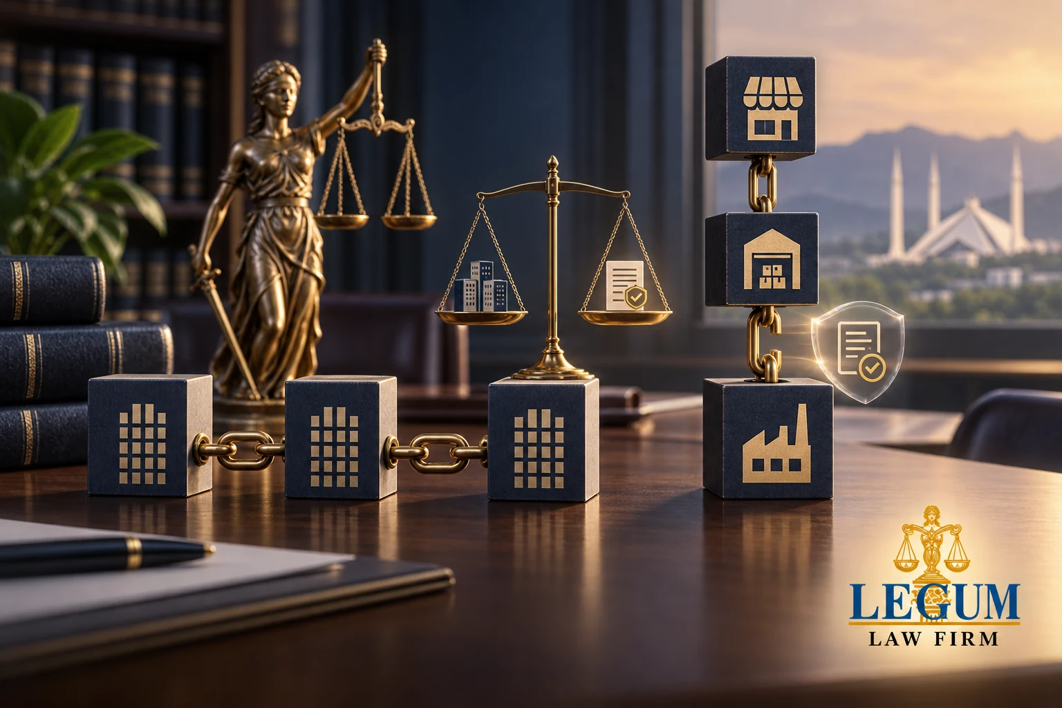 روابط أفقية ورأسية بين نماذج لمنشآت تجارية يجري تقييمها بجوار ميزان متوازن ورمز لوثيقة إعفاء.